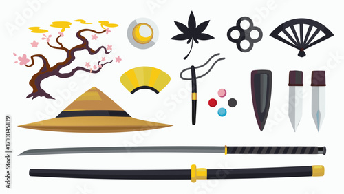 Illustration of japanese culture items including swords, hat, fan, and cherry blossom tree art silhouette