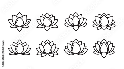 Collection of stylized lotus flower silhouettes in outline design