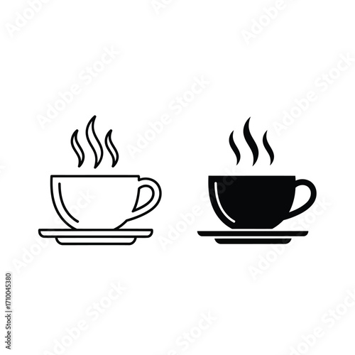 Two stylized illustrations of a coffee cup with steam rising, one outlined and the other solid black.