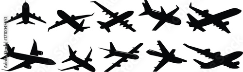 Airplane silhouette illustrations, aircraft icons, black and white clipart, flight perspectives, aviation design elements, jet shapes, vector bundle set