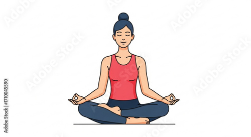 A serene woman meditates in lotus position, promoting mindfulness, peace, and wellbeing through yoga practice