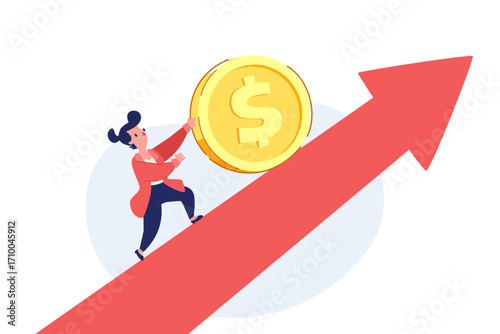 businesswoman pushing gold coin up on financial growth graph
