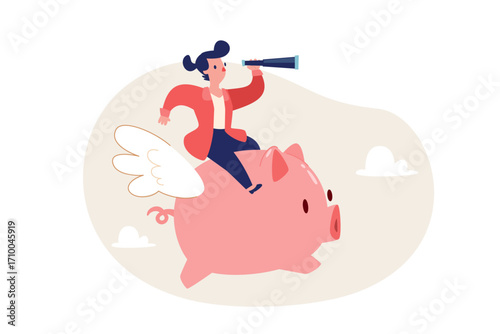 businesswoman with telescope riding a flying piggy bank