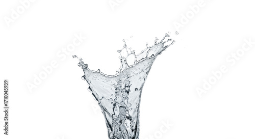 Photorealistic high-speed freeze-frame of clear water bursting upwards in a dynamic explosion of translucent droplets and fine spray against a transparent studio background with copy space, concept of