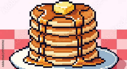 Pixel art illustration of a stack of pancakes with butter and syrup on a plate