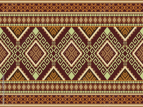 seamless tribal geometric pattern reflects the inspiration of ancient tribes, particularly those in South America and Southeast Asia. It can be used as wallpaper, curtains, rugs, or pillowcases.