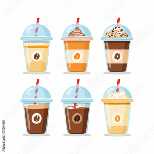 Various cold and hot drinks set. Collections of whipped instant, cold brew coffee, bubble tea, cappuccino, iced latte and other beverages in plastic cup, paper mug, glass. Vector illustration.