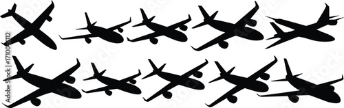 Airplane silhouette illustrations, aircraft icons, black and white clipart, aviation design elements, flight perspectives, transport bundle set, vector pack