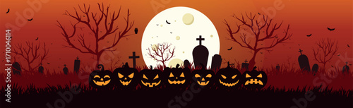 Scary gloomy night abandoned cemetery in the light of the moon - Illustration