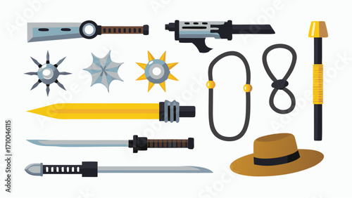Illustration showing an assortment of melee weapons and a tan hat on a white background design art silhouette