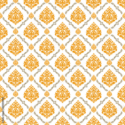 
Seamless golden damask pattern is symmetrical and exquisite. The amber-colored teardrop pattern is exquisitely decorated in interiors and is popularly used for wallpaper and curtains.