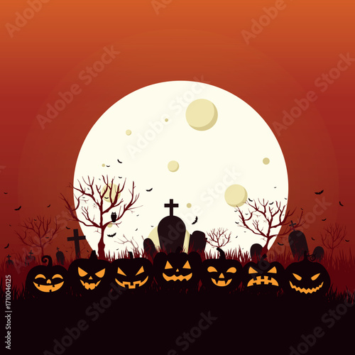 Scary gloomy night abandoned cemetery in the light of the moon - Illustration