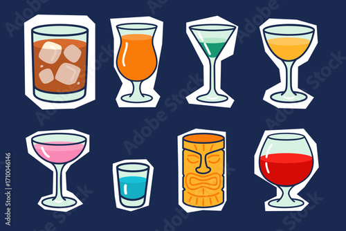 A collection of colorful cartoon cocktail and alcoholic drink icons in a sticker style, featuring a variety of glasses like martini, whiskey, wine, and a tiki mug for a bar menu or party