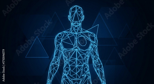 A polygonal human figure is depicted against a dark blue background with triangles, representing technology, artificial intelligence, and the future