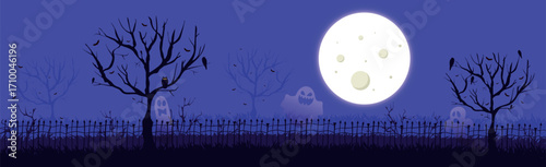 Scary gloomy night abandoned cemetery in the light of the moon - Illustration
