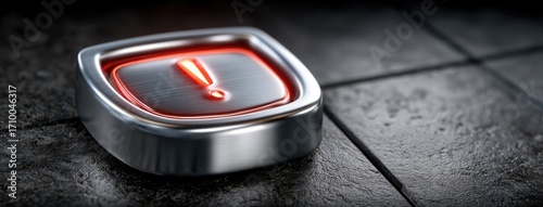 Warning button on a textured surface illuminated in red, signaling a caution or alert in a modern, digital setting used for safety or notification purposes