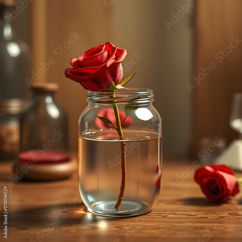Detailed, stylized, or surreal renders of everyday objects, arranged scenes, or isolated artistic compositions. Ideal for cinematic product shots or creative visual metaphors. Single red rose in a cle