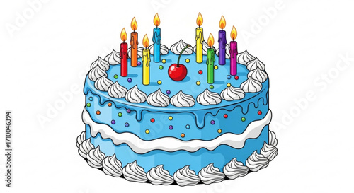 A delicious blue birthday cake with candles and a cherry on top, , perfect for celebrating a special occasion