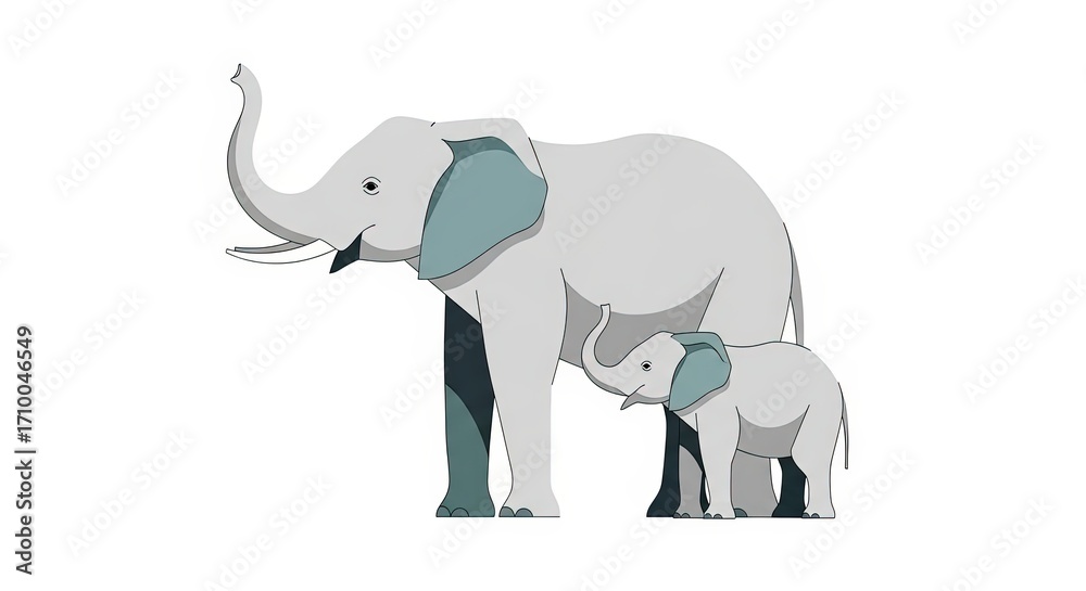 Fototapeta premium A mother elephant and her baby stand together with trunks raised in a stylized illustration