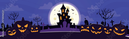 Scary gloomy night abandoned cemetery on the background of the castle - illustration