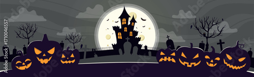 Scary gloomy night abandoned cemetery on the background of the castle - illustration