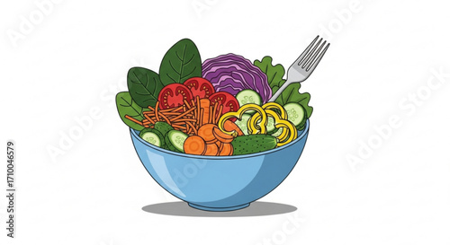 A vibrant salad bowl, filled with fresh vegetables and a fork, promoting healthy eating and lifestyle
