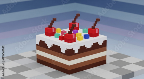 A delightful voxel art cake with cherries and colorful candies, sitting on a checkered surface, perfect for a sweet celebration or a digital treat