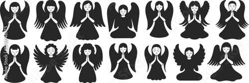 Angel silhouette illustrations, praying figures, spiritual clipart, black and white icons, serene posture, winged beings, religious design bundle, vector set
