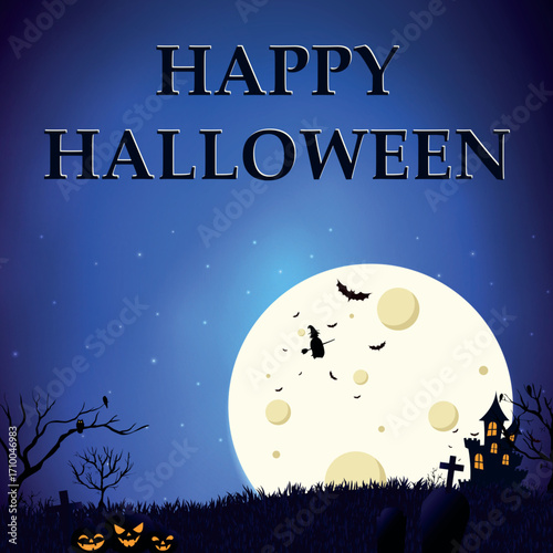 Scary gloomy night abandoned cemetery on the background of the castle - illustration