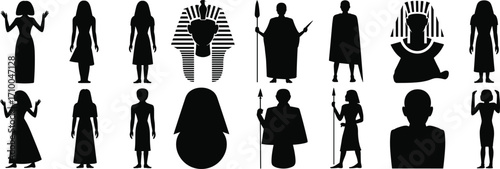 Ancient Egyptian silhouette illustrations, pharaoh icons, warrior figures, black and white clipart, cultural history, traditional attire, vector bundle set
