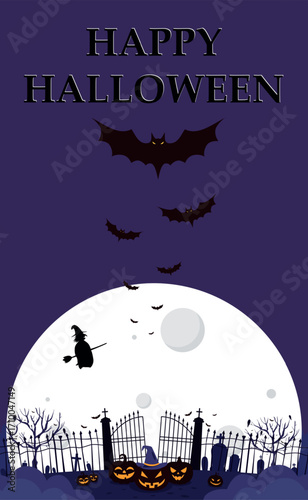 Scary gloomy night abandoned cemetery on the background of the moon - Vector illustration