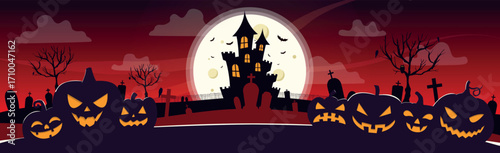 Scary gloomy night abandoned cemetery on the background of the moon - Vector illustration