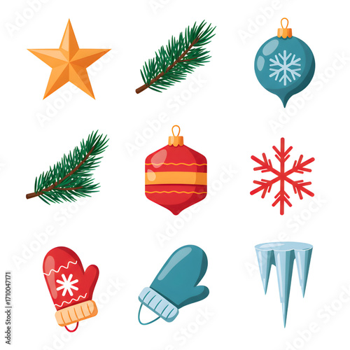 Christmas icons include star decoration with branches and mittens drawn and designed in high quality, isolated on a white background