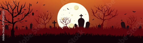 Scary gloomy night abandoned cemetery on the background of the castle - illustration