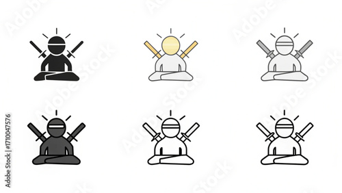 Various ninja icons showing a person meditating with swords behind them in different color variations silhouette