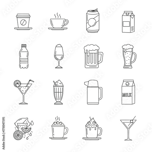 Line art icons of various beverages and drinks.