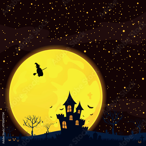Scary gloomy night abandoned cemetery on the background of the castle - illustration