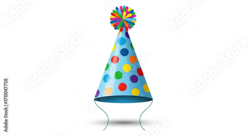 Festive blue party hat with colorful polka dots and a pompom, perfect for birthday celebrations