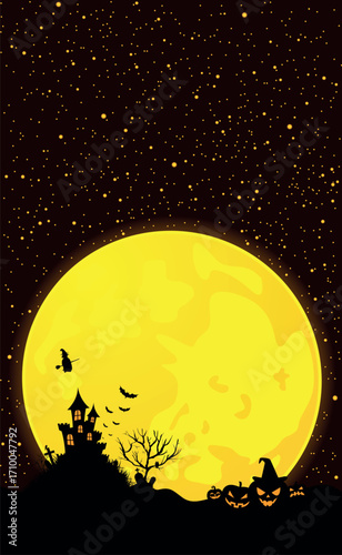 Scary gloomy night abandoned cemetery on the background of the castle - illustration