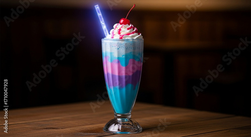 A whimsical unicorn milkshake with vibrant layers and a cherry on top, perfect for a sweet treat or a magical dessert experience