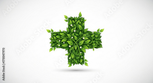 Green cross made of leaves a symbol of health, medicine, and nature ecofriendly healthcare and wellness concept