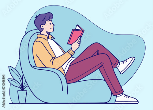 Man relaxing on a comfortable chair reading a book  illustration