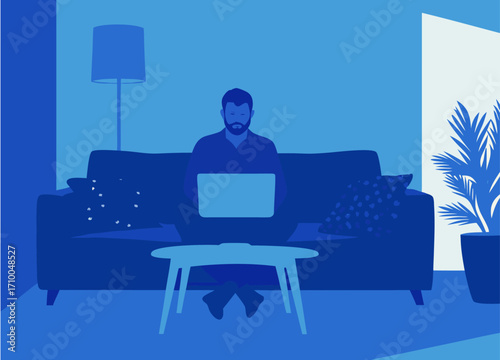 Man working on laptop on couch in a modern living room  illustration