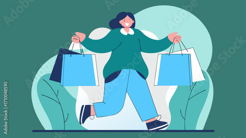 Happy woman walking with shopping bags after a successful shopping trip illustration