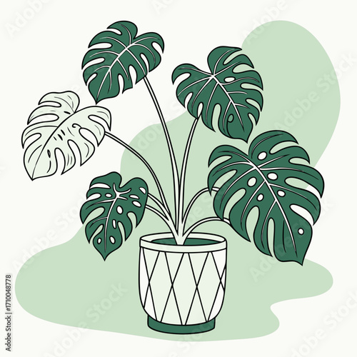 Monstera plant in a decorative pot with abstract green background illustration
