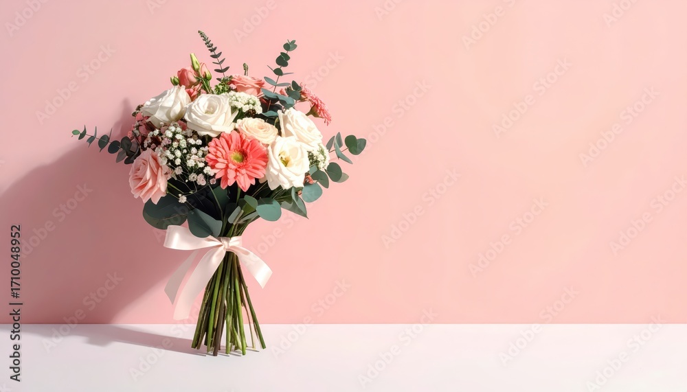 Fototapeta premium A lovely bouquet of pastel-colored flowers, including roses, gerbera daisies, and eustomas, sits elegantly on a plain, light-pink backdrop, accented by soft, diffused light and subtle shadows.