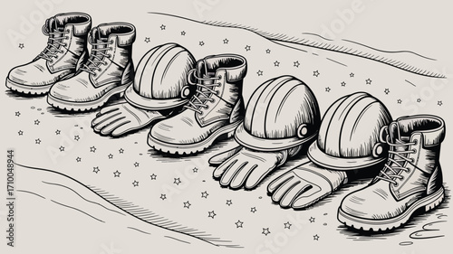 Illustration of work boots hard hats and gloves arranged in a row on a surface with star shapes