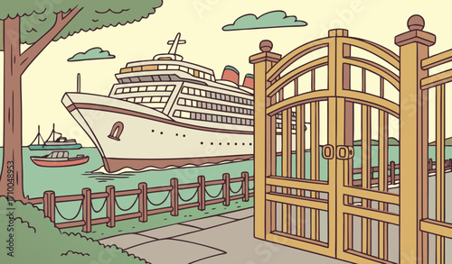 Large Cruise Ship Docked at Port Through Wooden Gates