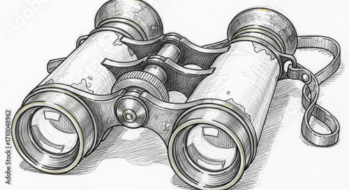 Vintage binoculars, a handdrawn illustration evoking exploration, observation, and a sense of adventure and discovery