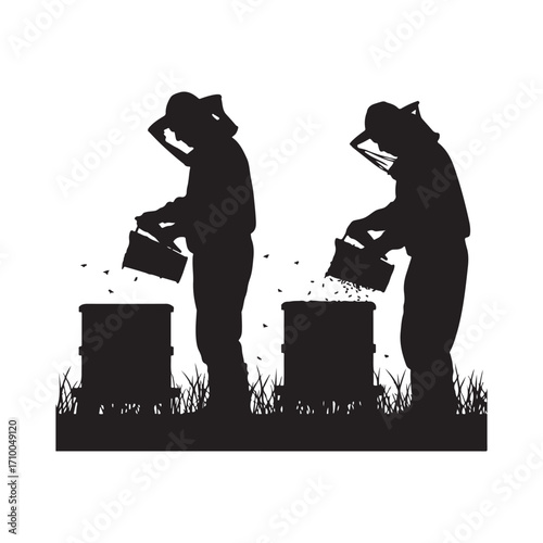 Silhouettes of beekeepers working with hives isolated on white background